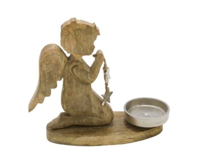 DOP VJ Svícen s andělíčkem na podstavci, dřevěný, přírodní/stříbrná, 23x8x20,5cm  (ZGE-22103491)